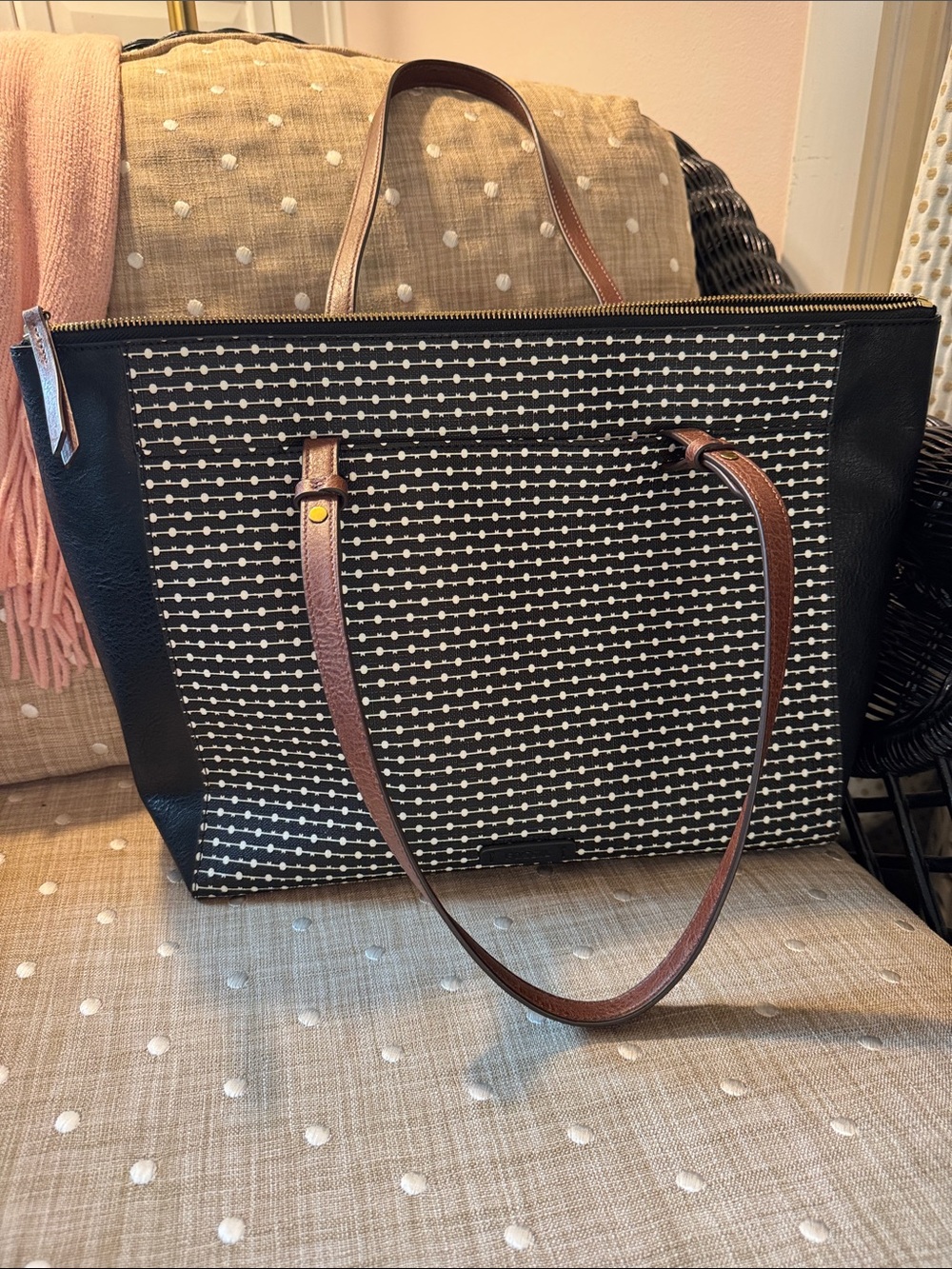 Fossil Black & White Patterned Tote Bag with Brown Straps
